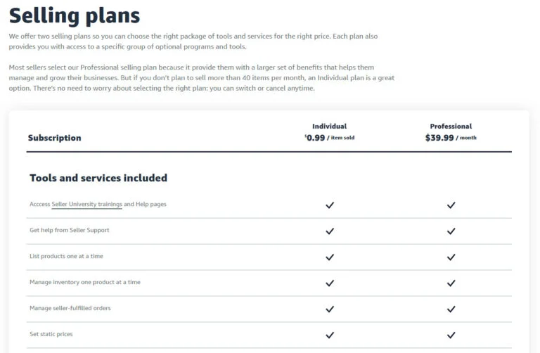 Amazon Selling Plans Comparison Chart