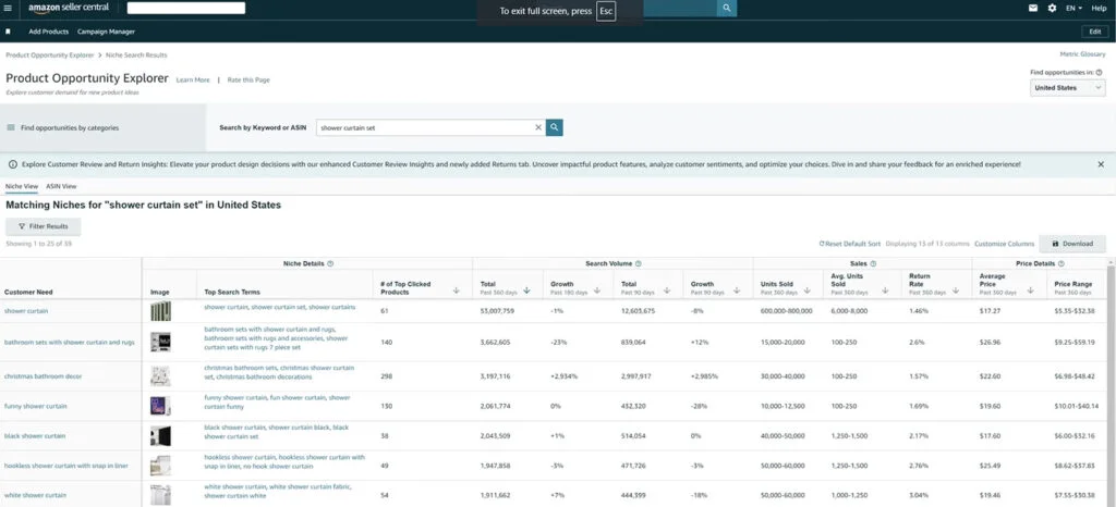 Amazon Keywords Product Opportunity Explorer Page