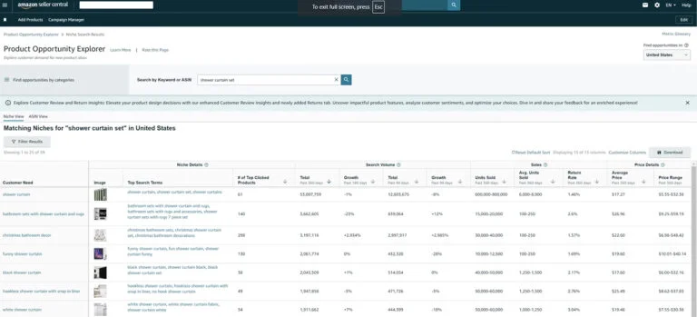 Amazon Keywords Product Opportunity Explorer Page