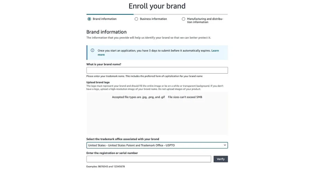 Brand Registry on Amazon Application Brand Name Logo