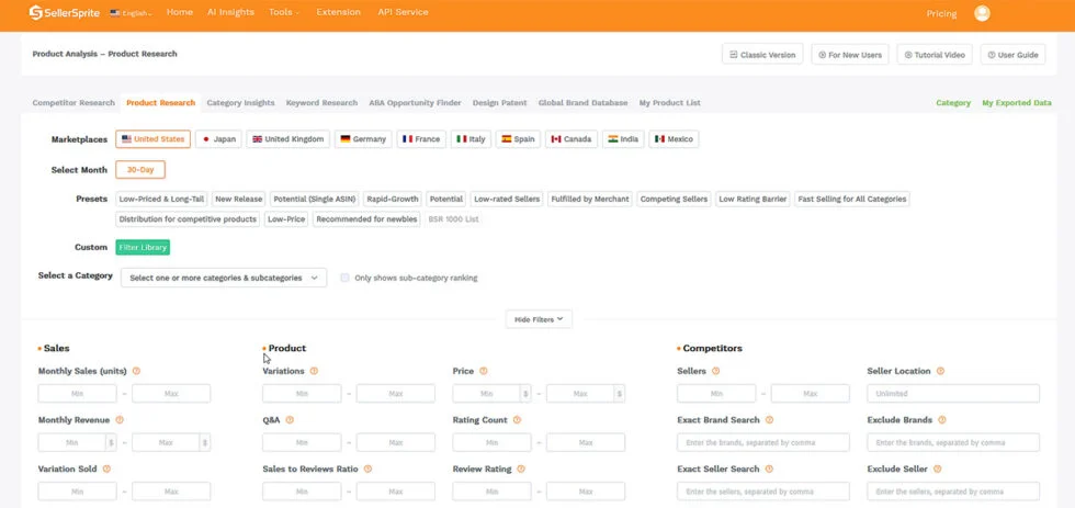 SellerSprite - Product Research Tool Dashboard