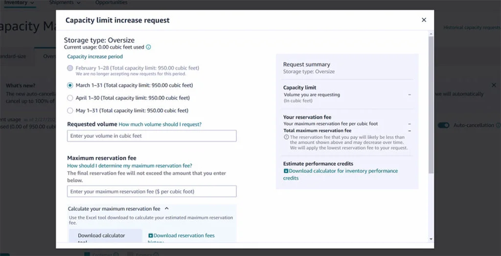 Amazon Inventory Capacity Increase Request