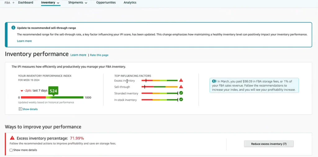 Amazon Inventory Performance Page