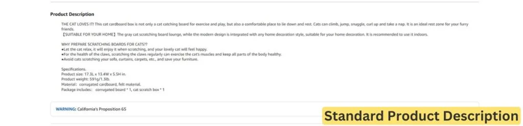 A screenshot showing what a standard Amazon product description looks like when A+ Content is not available