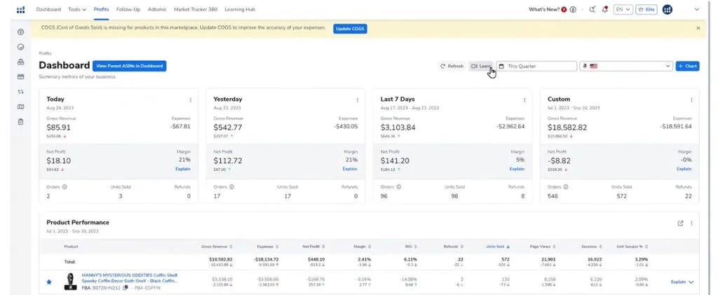 Helium 10 Amazon analytics dashboard screenshot