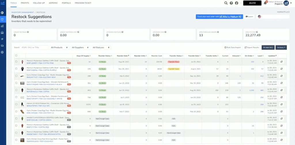 Helium 10 Inventory Dashboard