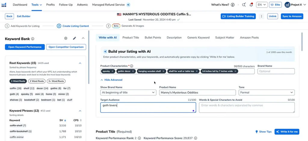 Helium 10 AI Listing Tool Dashboard