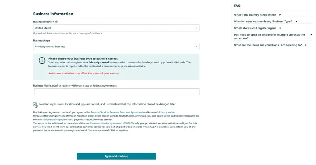 Create Amazon Seller Account - Business Info