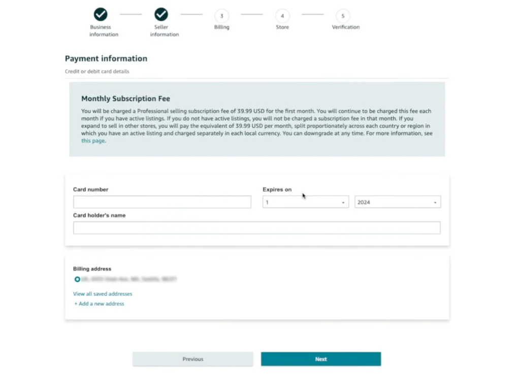 Seller Central Account - Credit Card Information