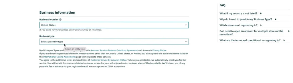 Seller Central Sign Up - Business Information