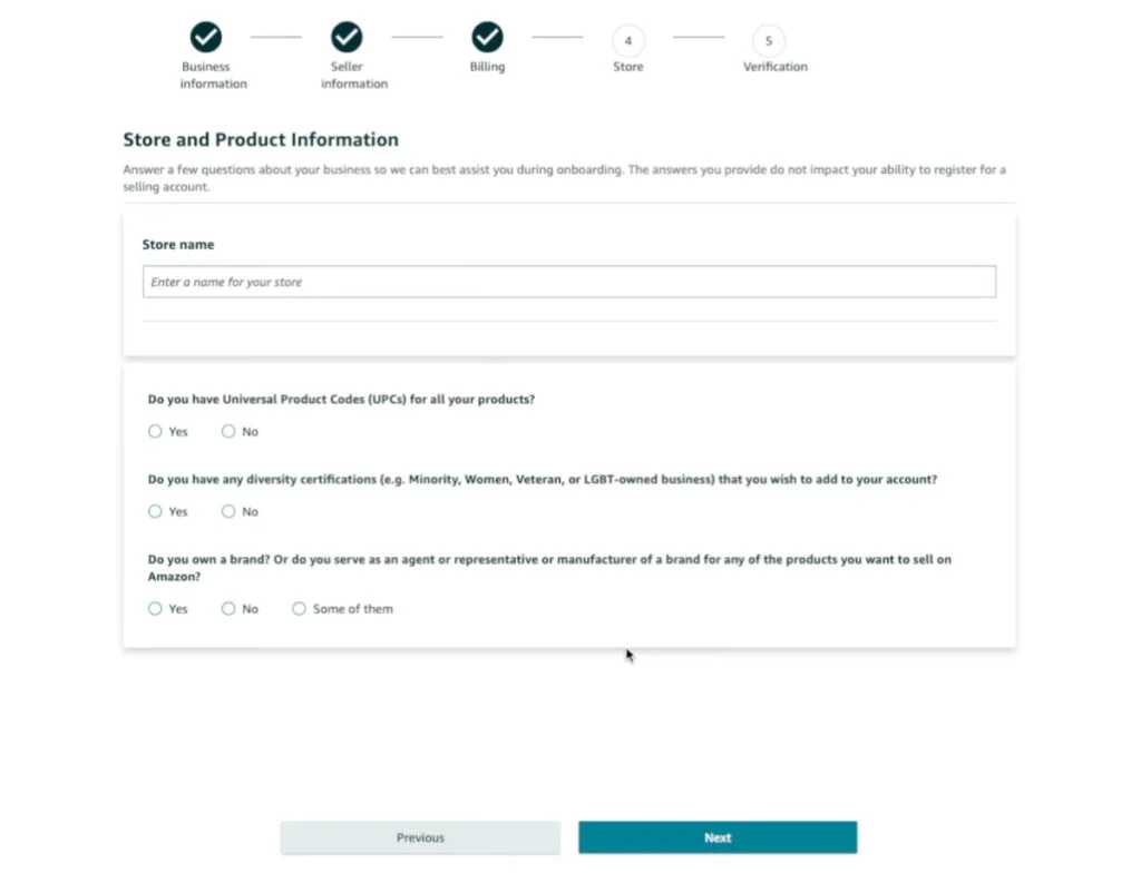 Seller Central Signup - Product Information
