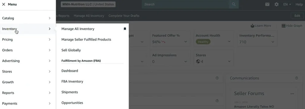 Amazon Backend Keywords - Step 2 Click Inventory