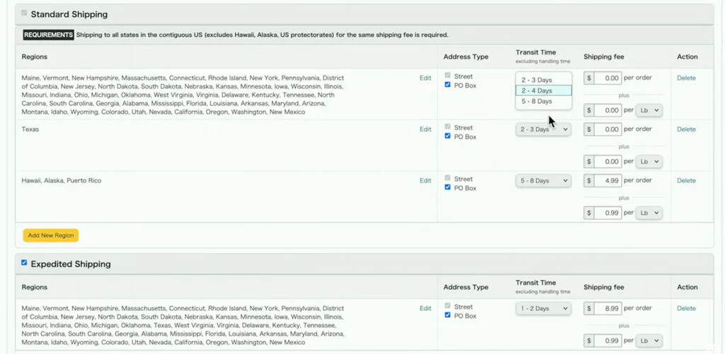 Amazon FBM Shipping Settings - Standard Shipping Regions