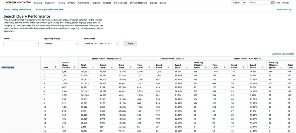 Amazon Long Tail Keywords - Search Query Performance Report