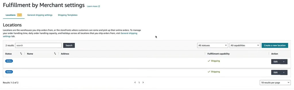 Amazon Shipping Settings - Locations Page
