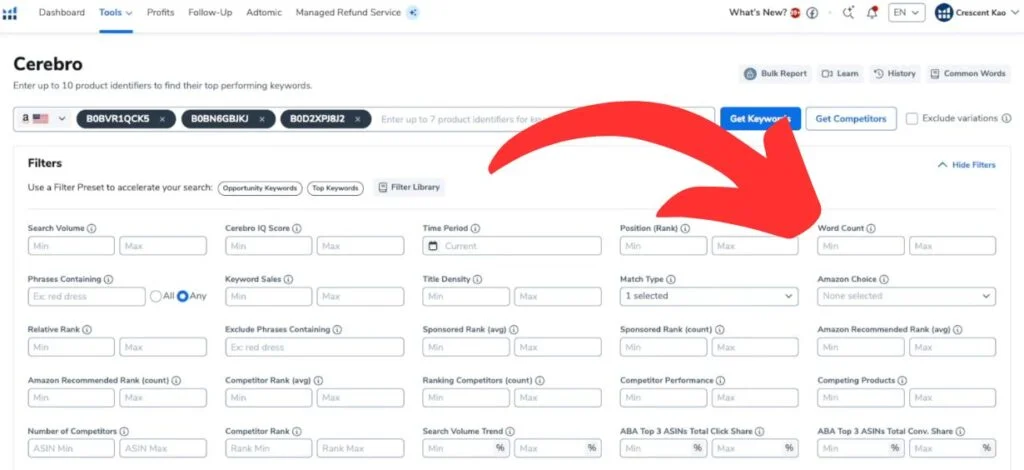 Long Tail Keywords Amazon - Helium 10 Cerebro