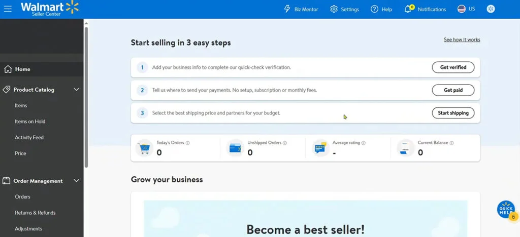 Walmart Seller Central - Dashboard