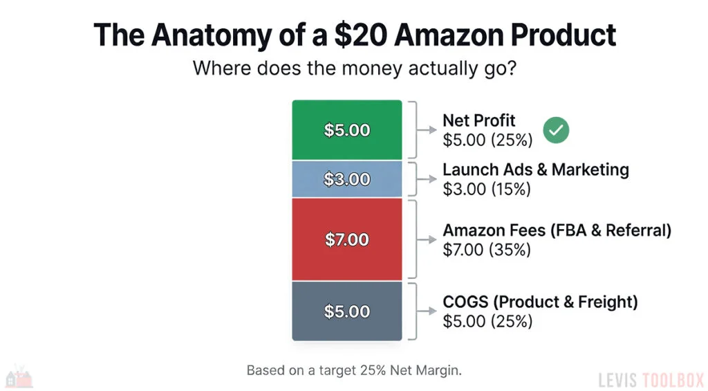 A graphic breaking down the costs, fees, and profit that make up the price of a $20 product on Amazon