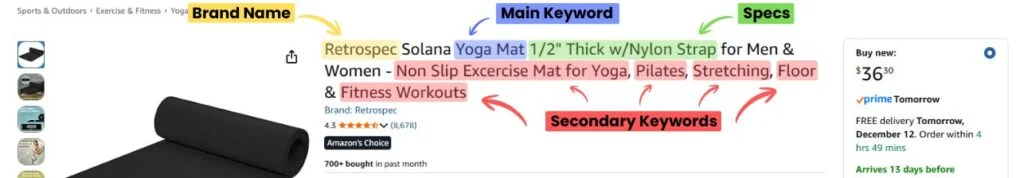 An example of an optimized product title on Amazon including main keywords, specs, and brand name