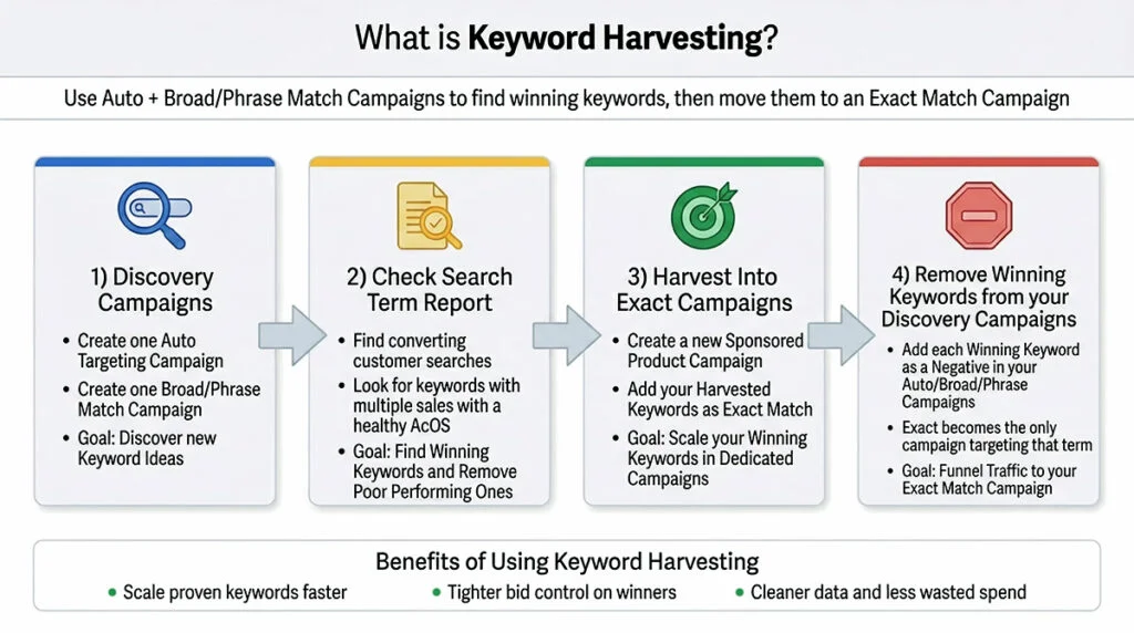 An infographic displaying how Amazon Keyword Harvesting works to find new winning keywords