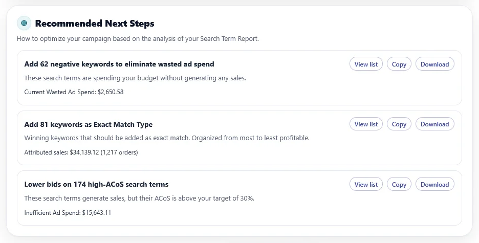 Amazon Search Term Report Analyzer recommended next steps panel with negative keywords and exact match recommendations