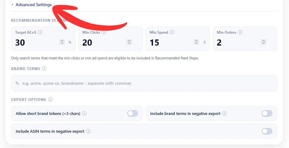 Amazon Search Term Report Analyzer advanced settings showing Target ACoS, Min Clicks, Min Spend, and Min Orders
